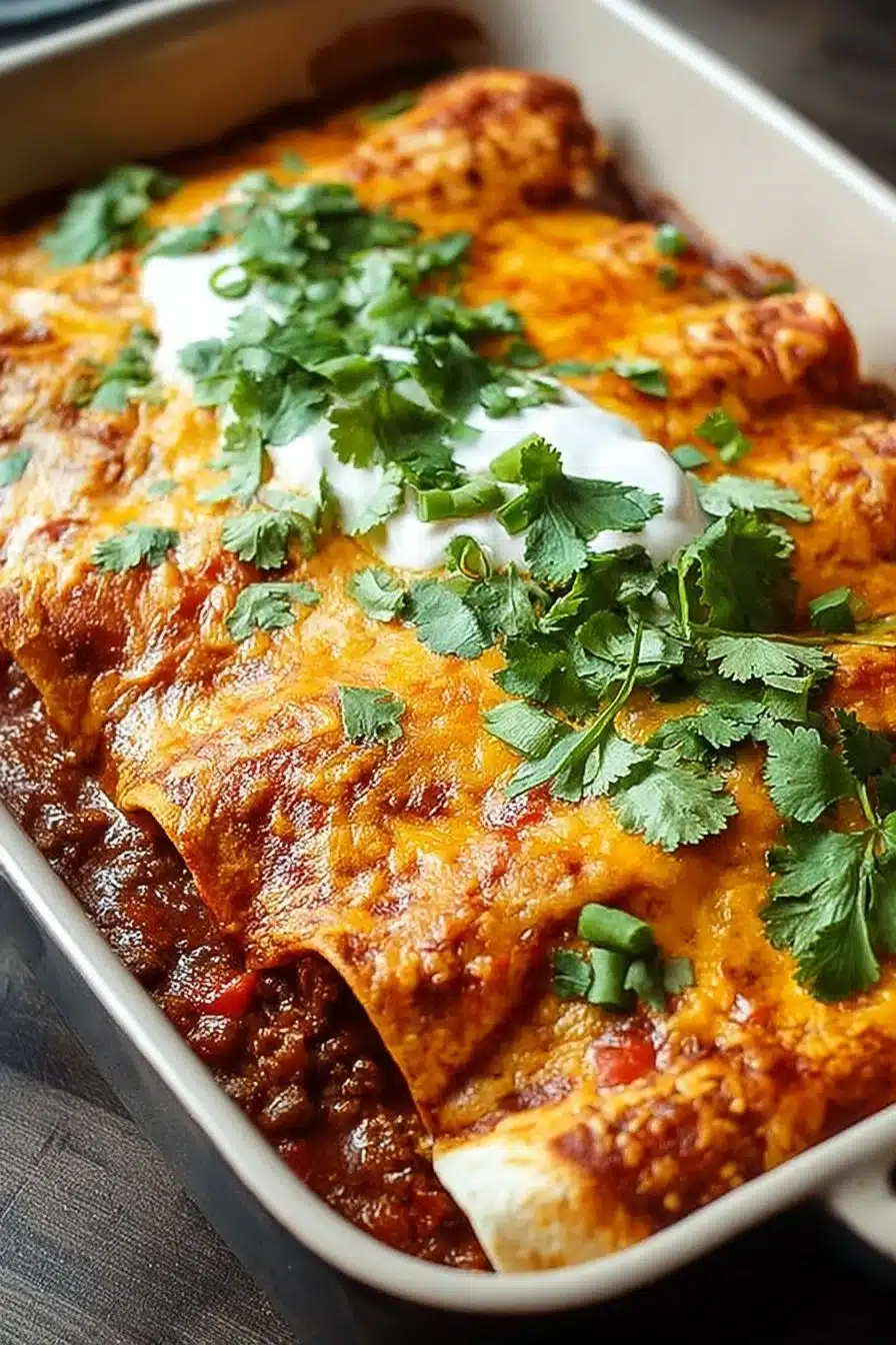 Savory ground beef enchiladas topped with cheese and sauce