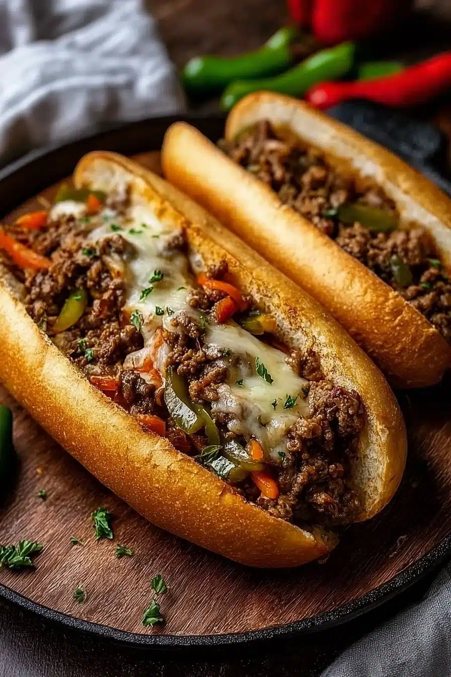 Delicious Ground Beef Philly Cheesesteaks with cheese and toppings