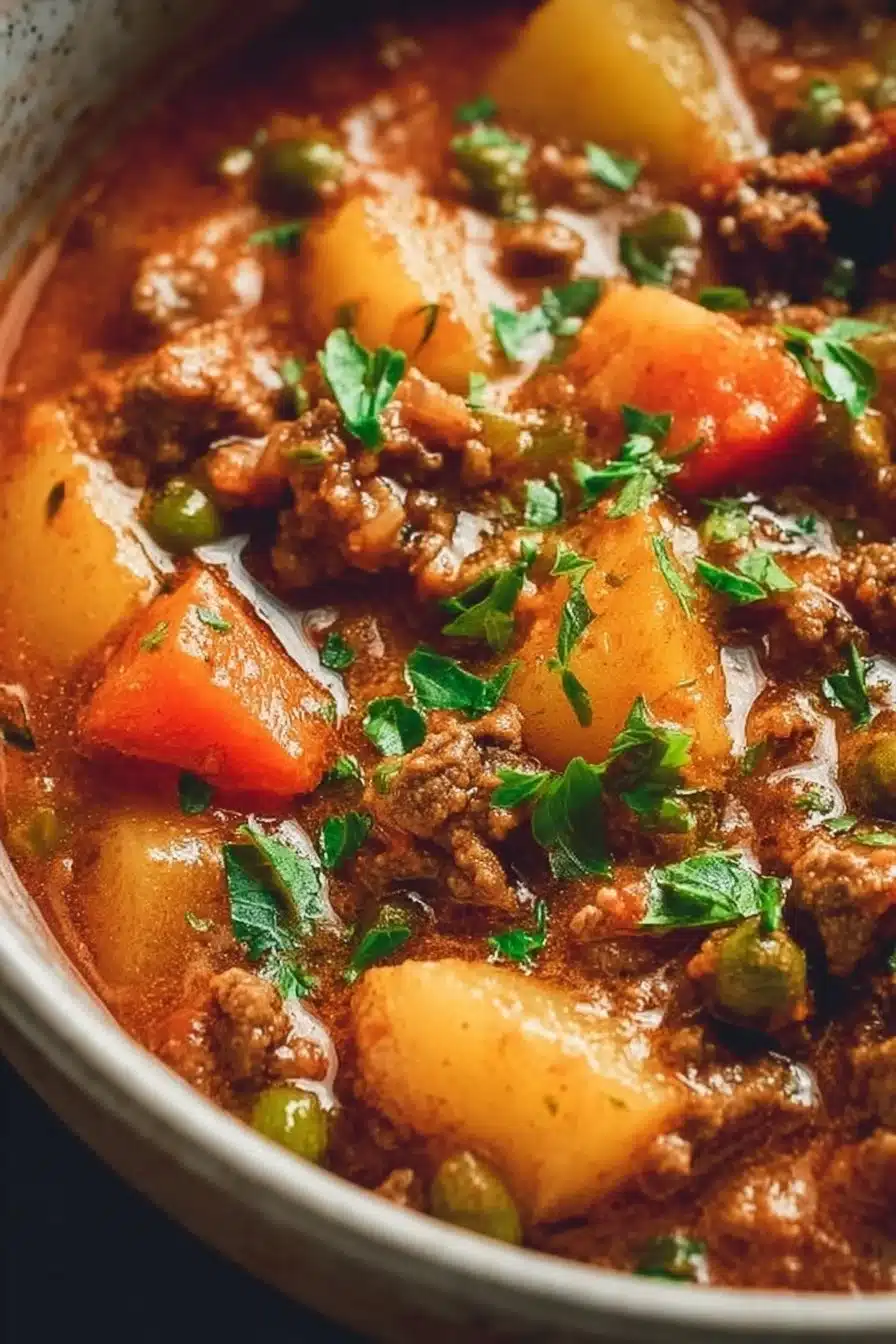 Delicious bowl of ground beef stew with vegetables and herbs.