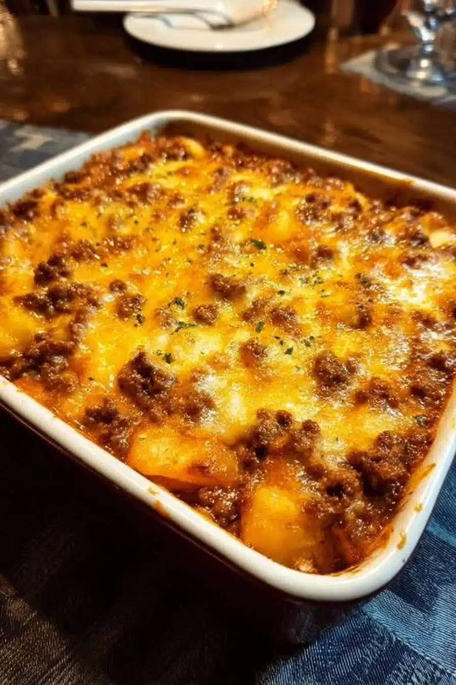 Hobo Casserole dish with layers of meat, veggies, and cheese in a serving bowl.