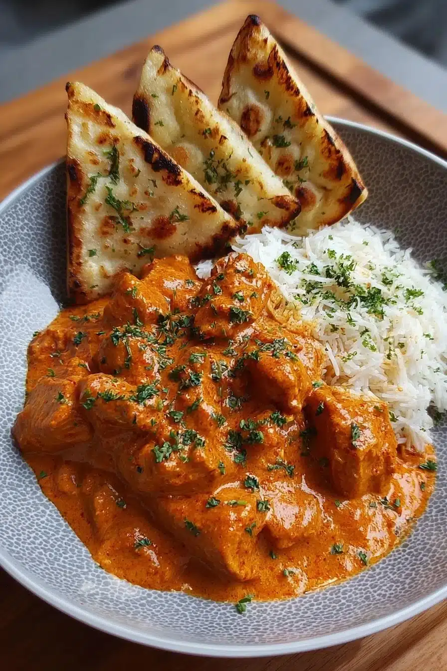 Delicious homemade butter chicken served with rice and naan.