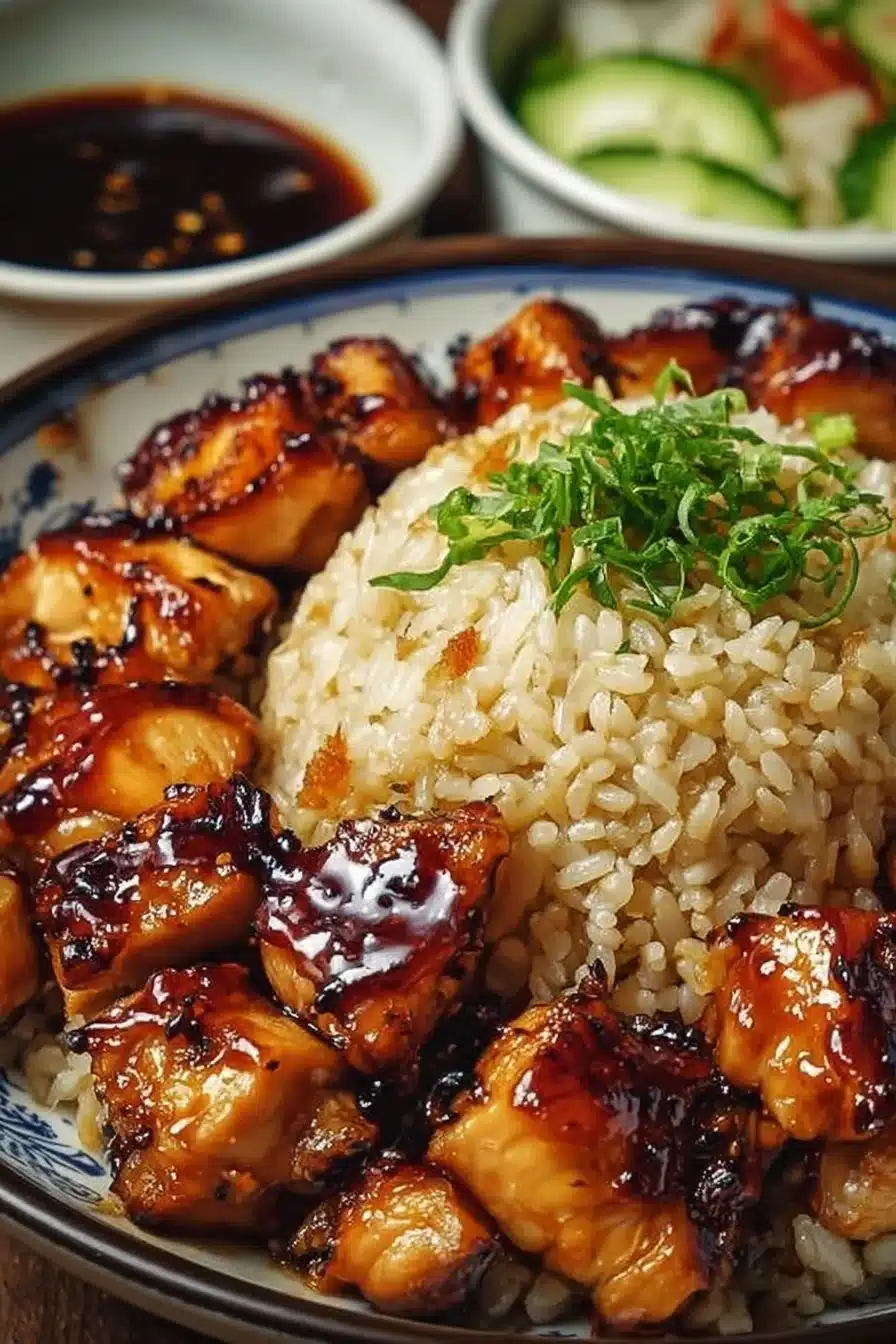 Plate of Honey BBQ Chicken Rice garnished with fresh herbs