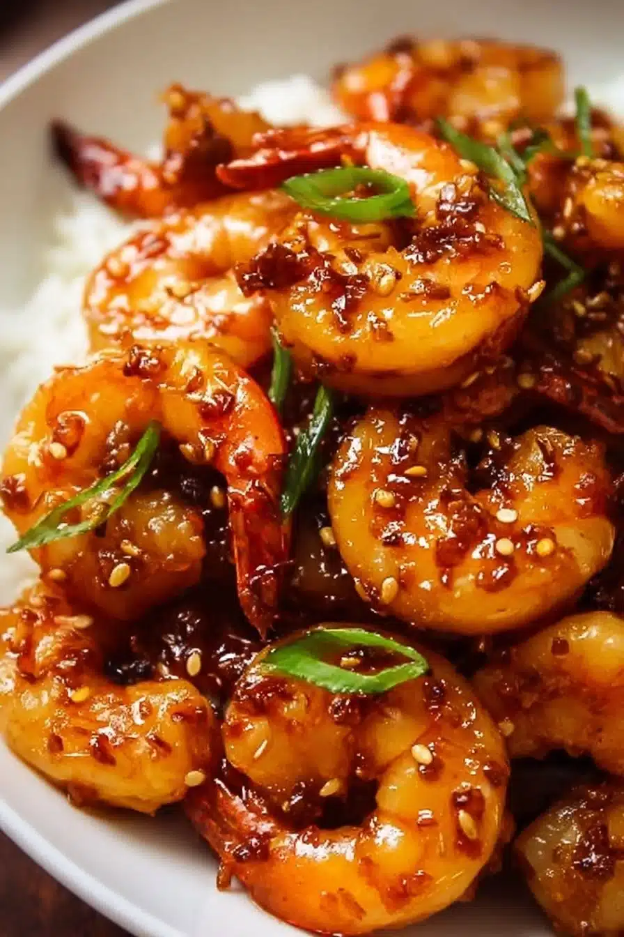 Plate of delicious honey garlic shrimp garnished with green onions.