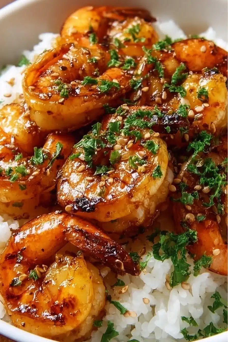 Delicious Honey Garlic Shrimp served in a vibrant bowl with vegetables and rice.
