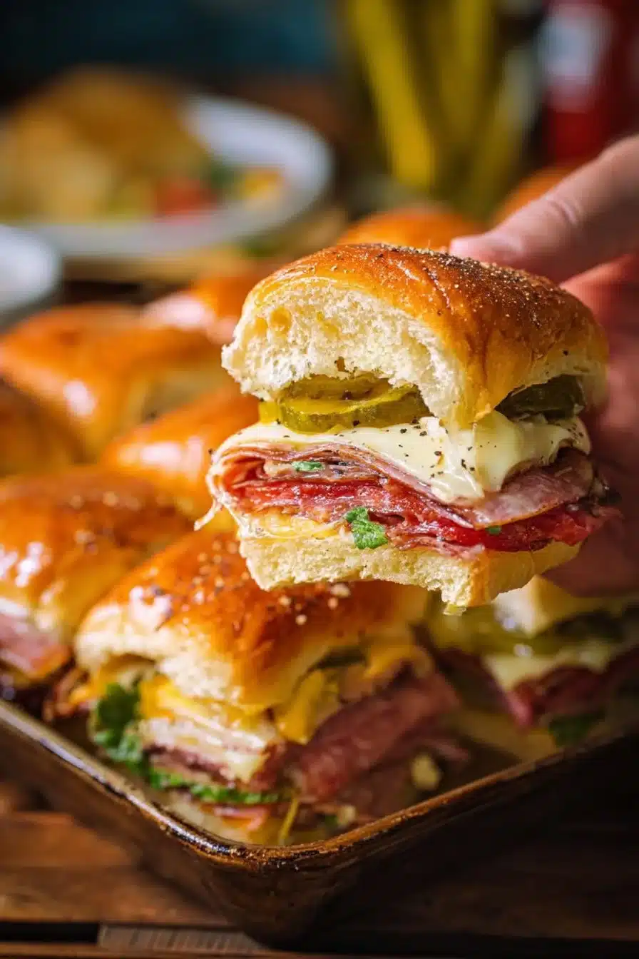Delicious hot Italian sub sliders loaded with meats and toppings.