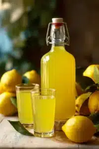 Bottle of authentic Italian Limoncello with lemon decor