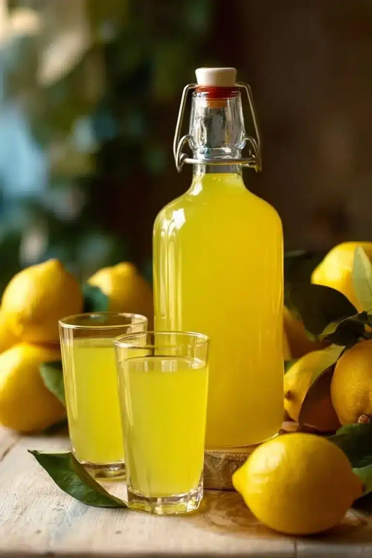 Bottle of authentic Italian Limoncello with lemon decor