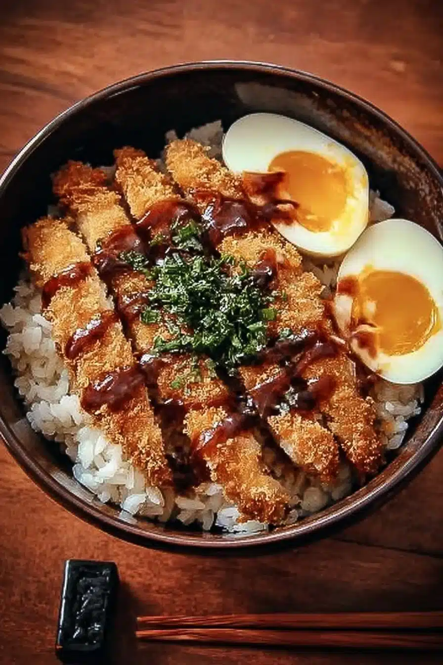 Delicious Japanese Katsu Bowls with crispy chicken over rice and savory sauce