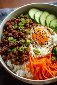 Delicious Korean Ground Beef Bowl garnished with vegetables and sesame seeds