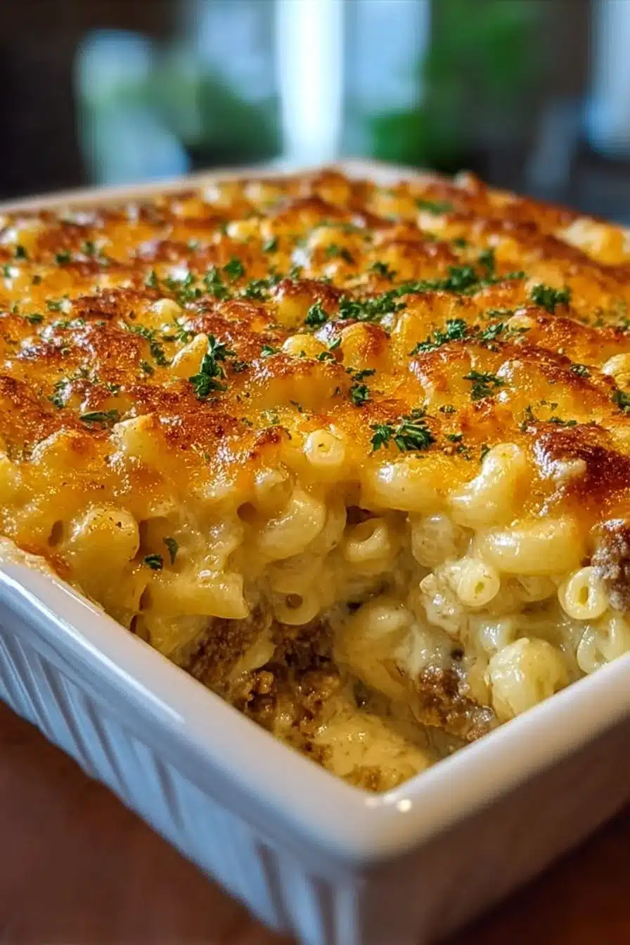 Delicious Mac & Cheese Meatloaf Casserole topped with melted cheese