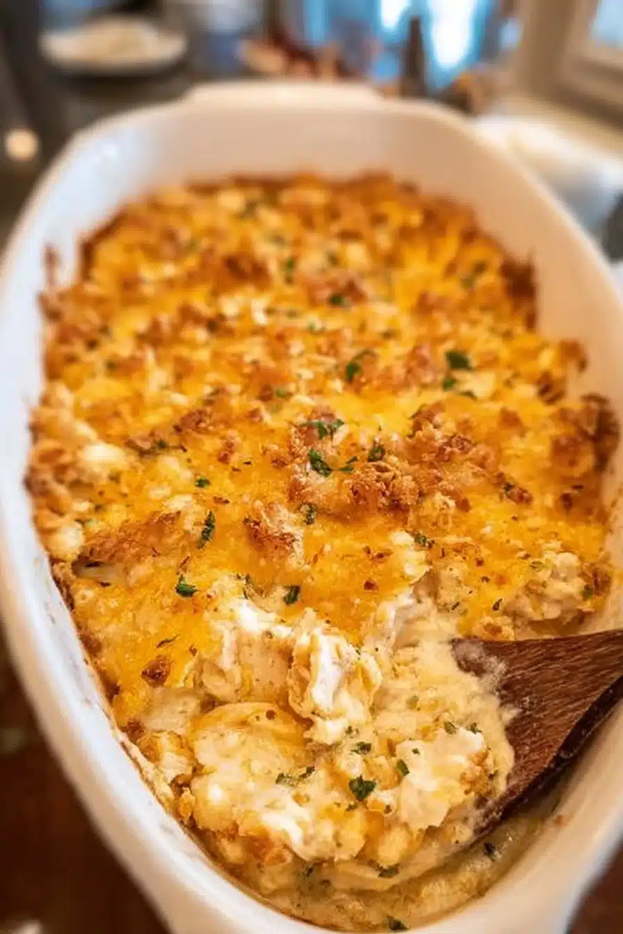 Million Dollar Chicken Casserole dish prepared with creamy sauce and topped with cheese