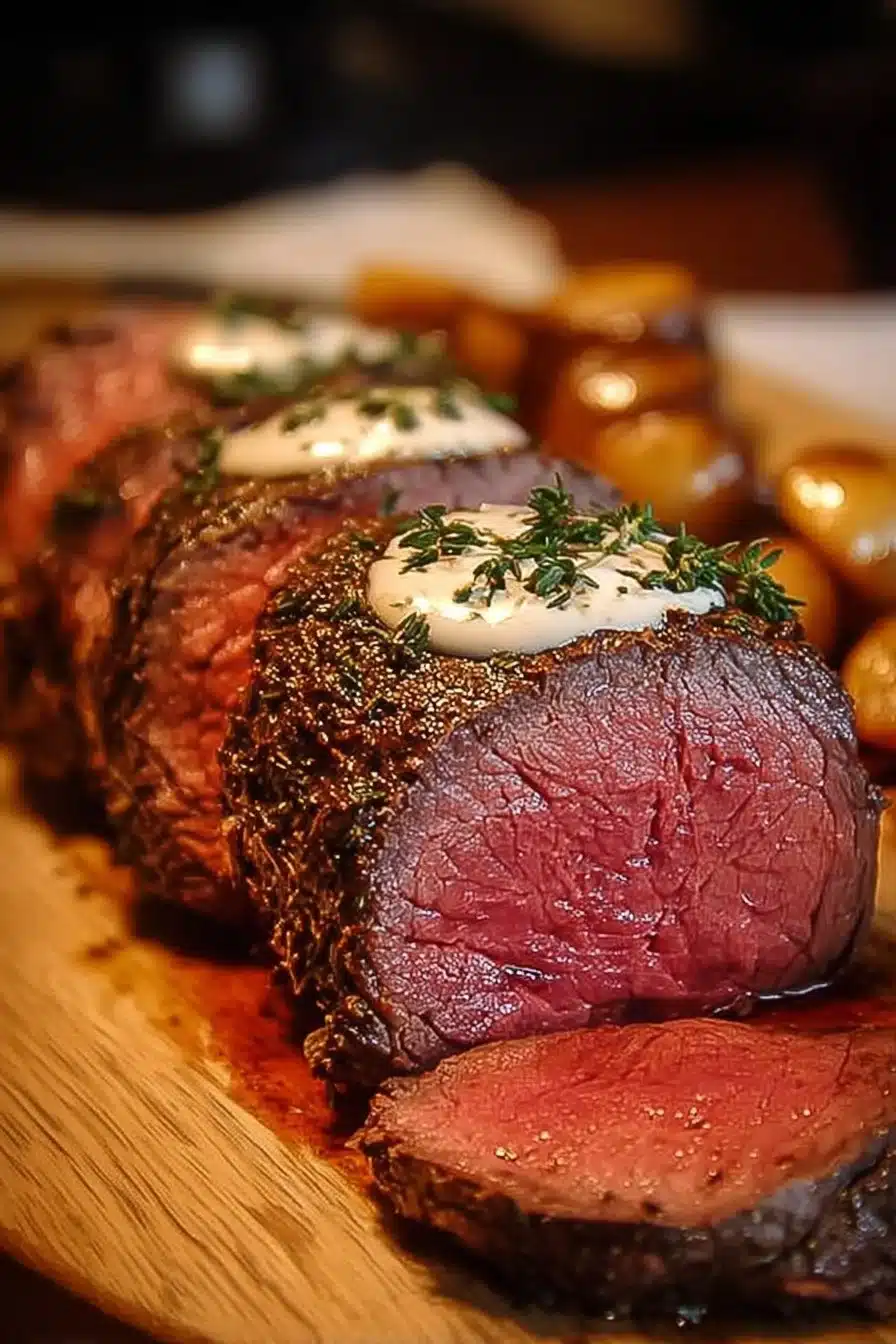 Perfectly cooked Million Dollar Roast Beef Tenderloin with herbs and seasoning