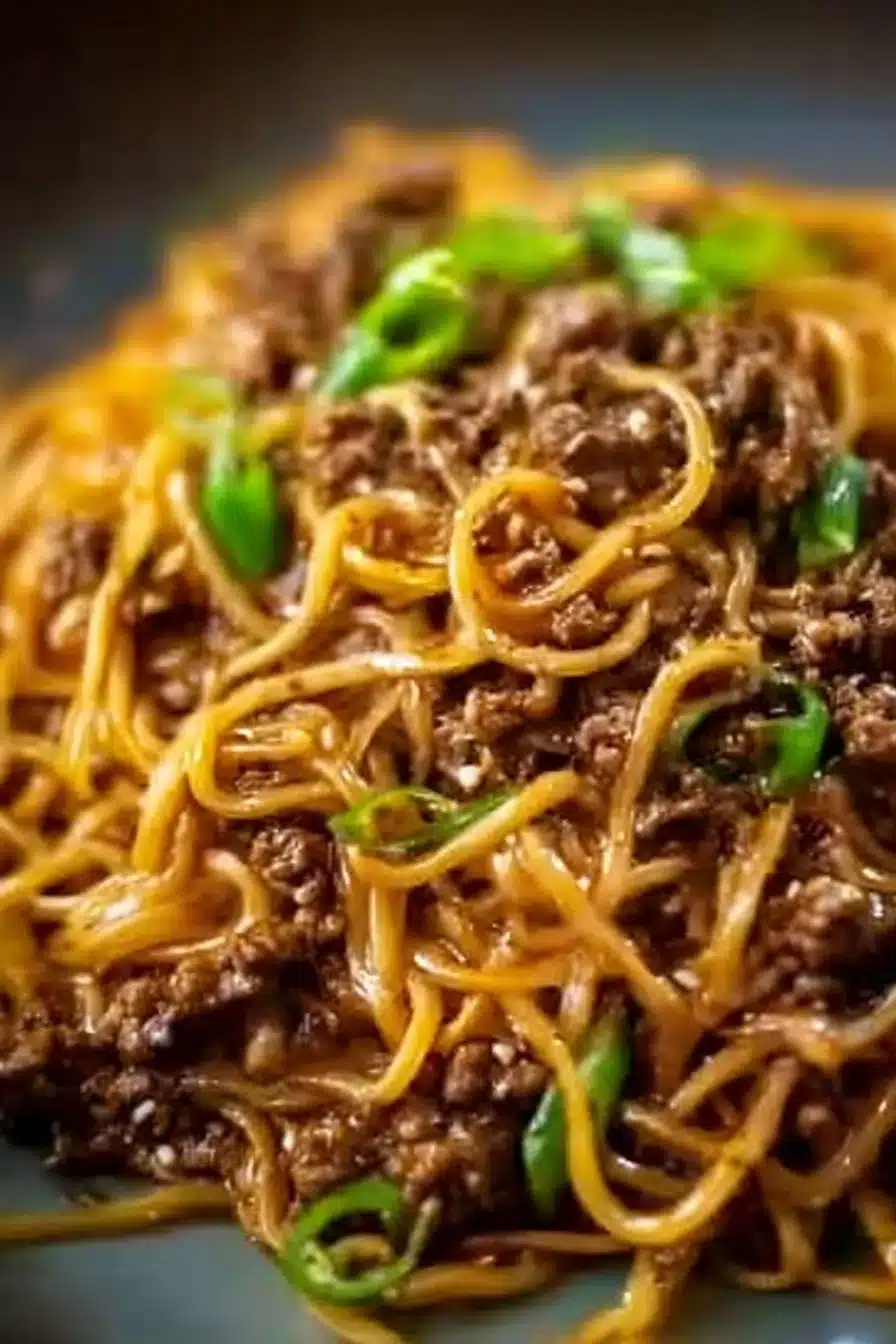 Delicious Mongolian ground beef noodles served in a bowl with vegetables