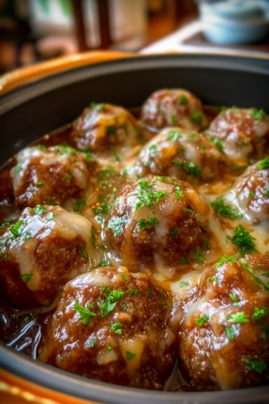 Crockpot French Onion Meatballs