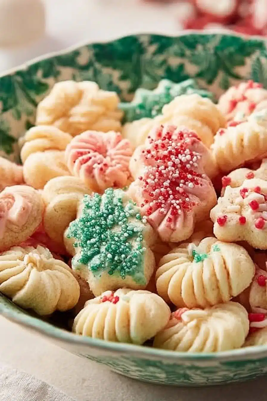 Old Fashioned Spritz Cookies on a festive plate ready for the holidays.