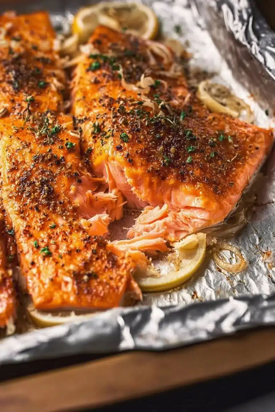 Oven baked salmon fillet garnished with herbs and lemon slices.