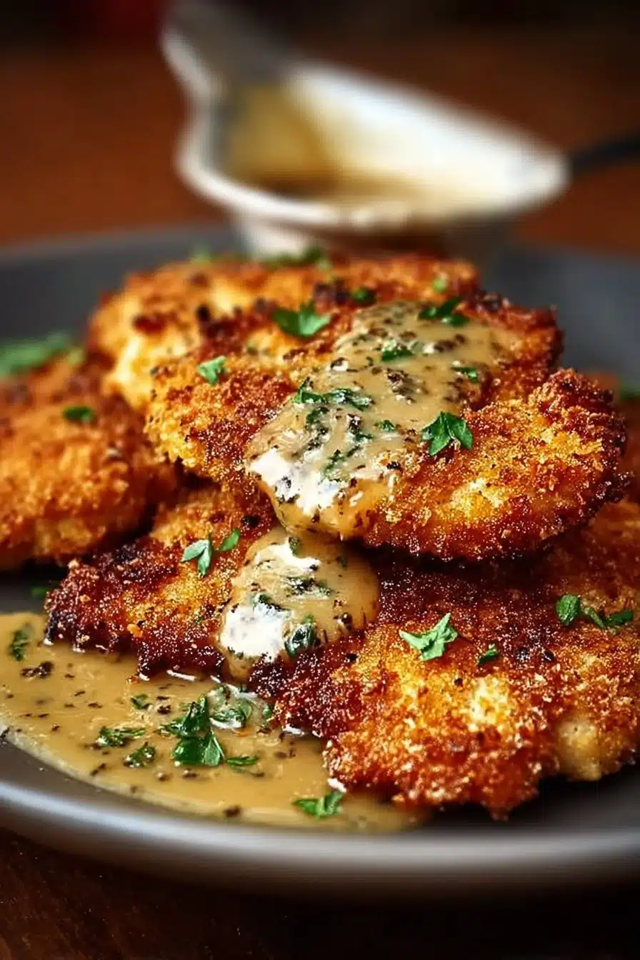 Delicious Parmesan Crusted Chicken garnished with herbs on a plate