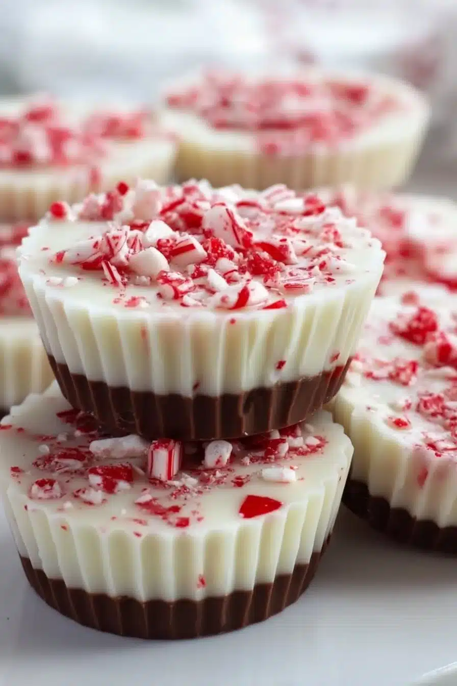 Delicious peppermint bark cups topped with crushed candy canes
