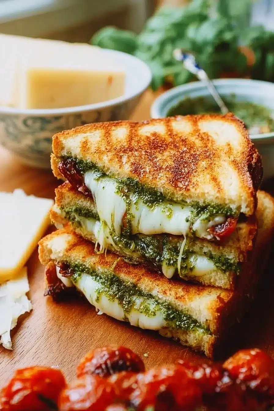 Delicious pesto grilled cheese sandwich with melted cheese and fresh basil spread.