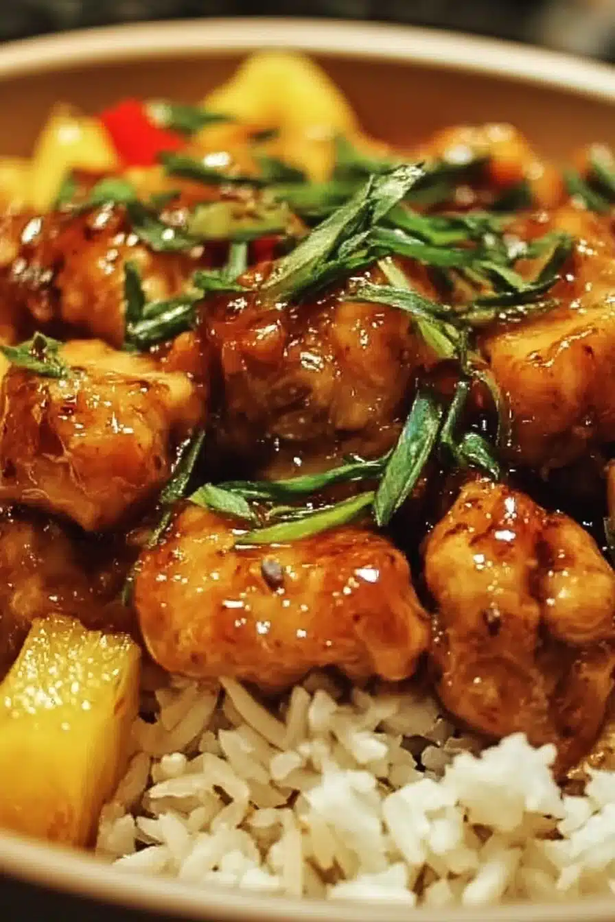 Delicious Pineapple Chicken served with rice on a plate