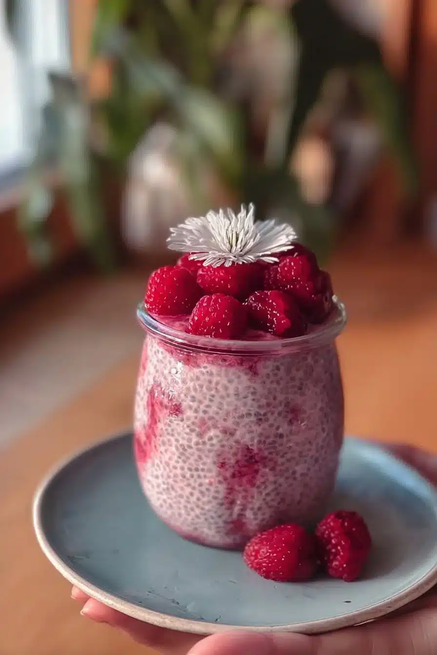 Bowl of creamy Raspberry Chia Pudding topped with fresh raspberries and mint.