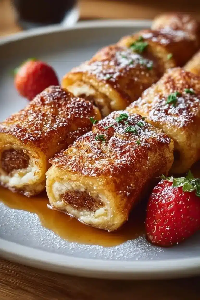 Sausage French Toast Roll-Ups with syrup and fresh berries on a plate