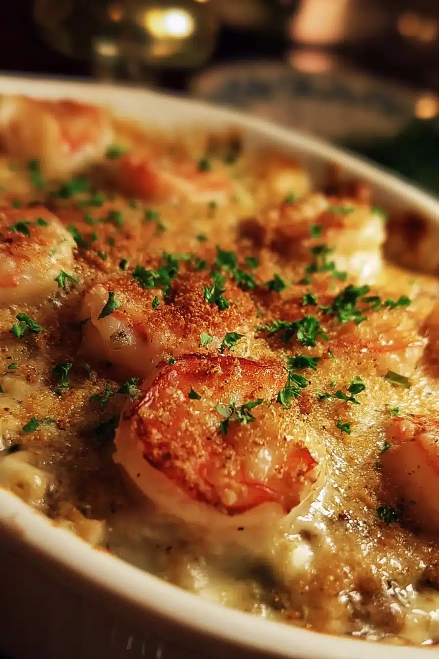 Delicious shrimp casserole served in a dish, featuring shrimp, cheese, and vegetables.