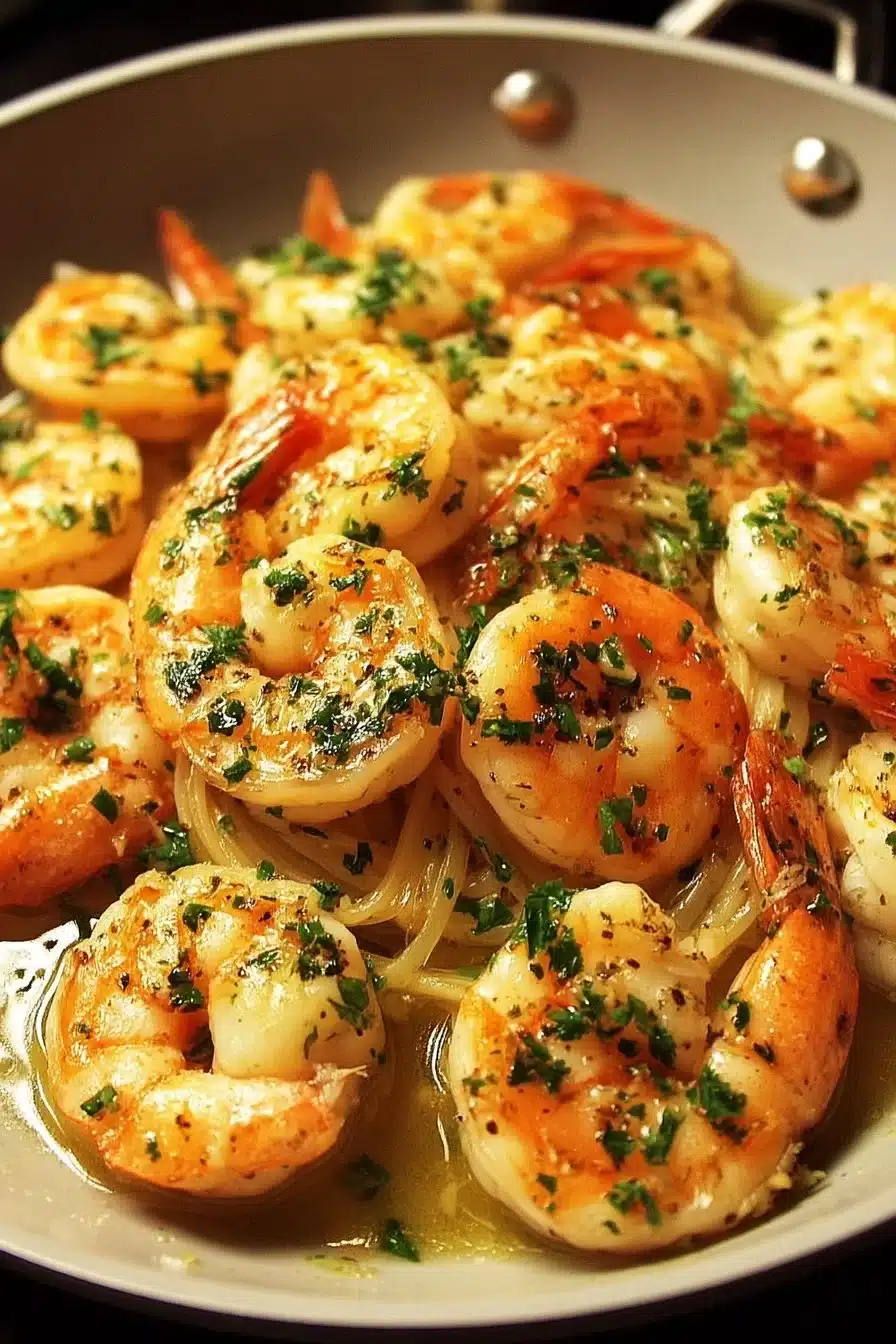 Plate of shrimp scampi with garlic butter sauce and parsley garnish