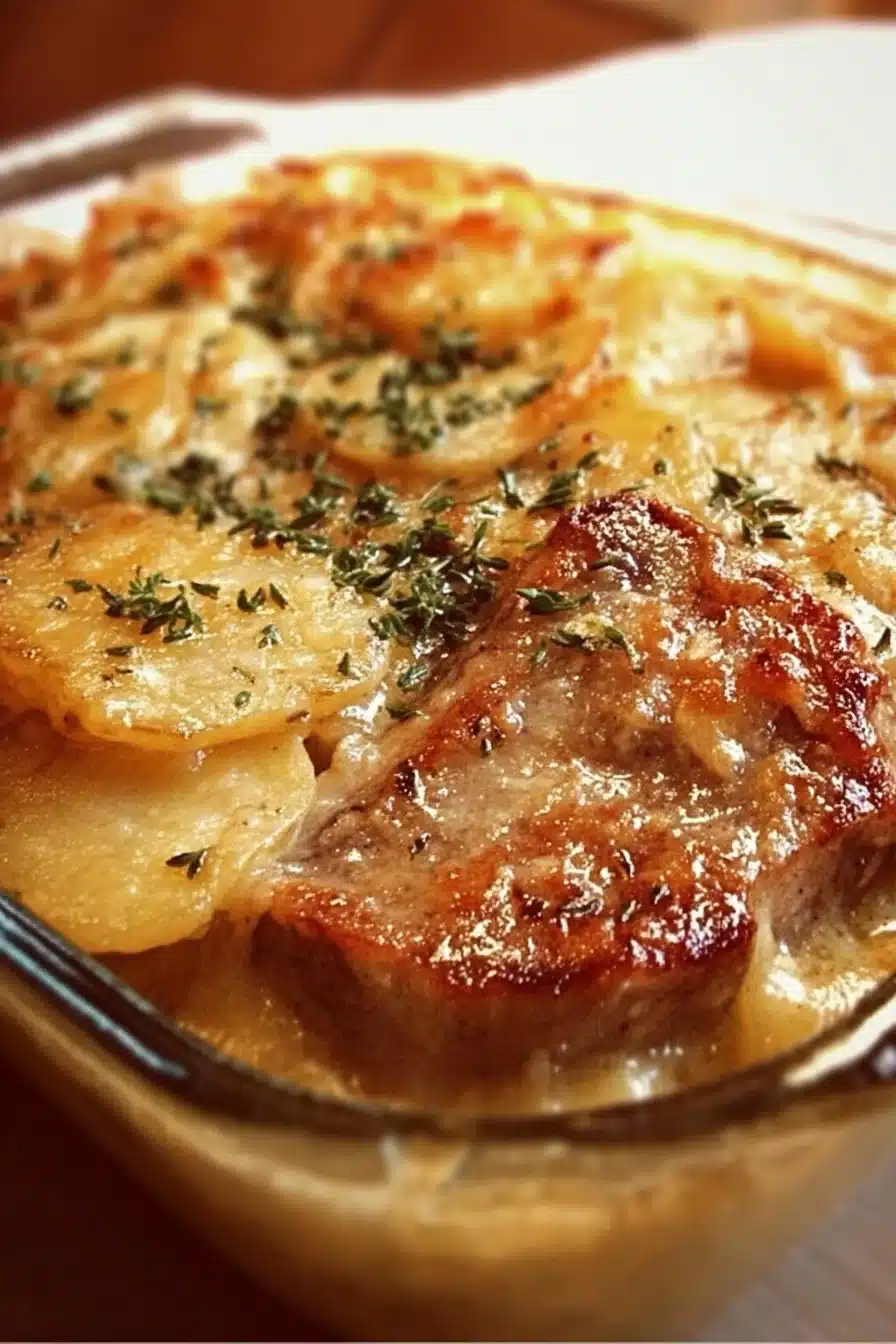 Delicious smothered chicken scalloped potato casserole served in a baking dish.