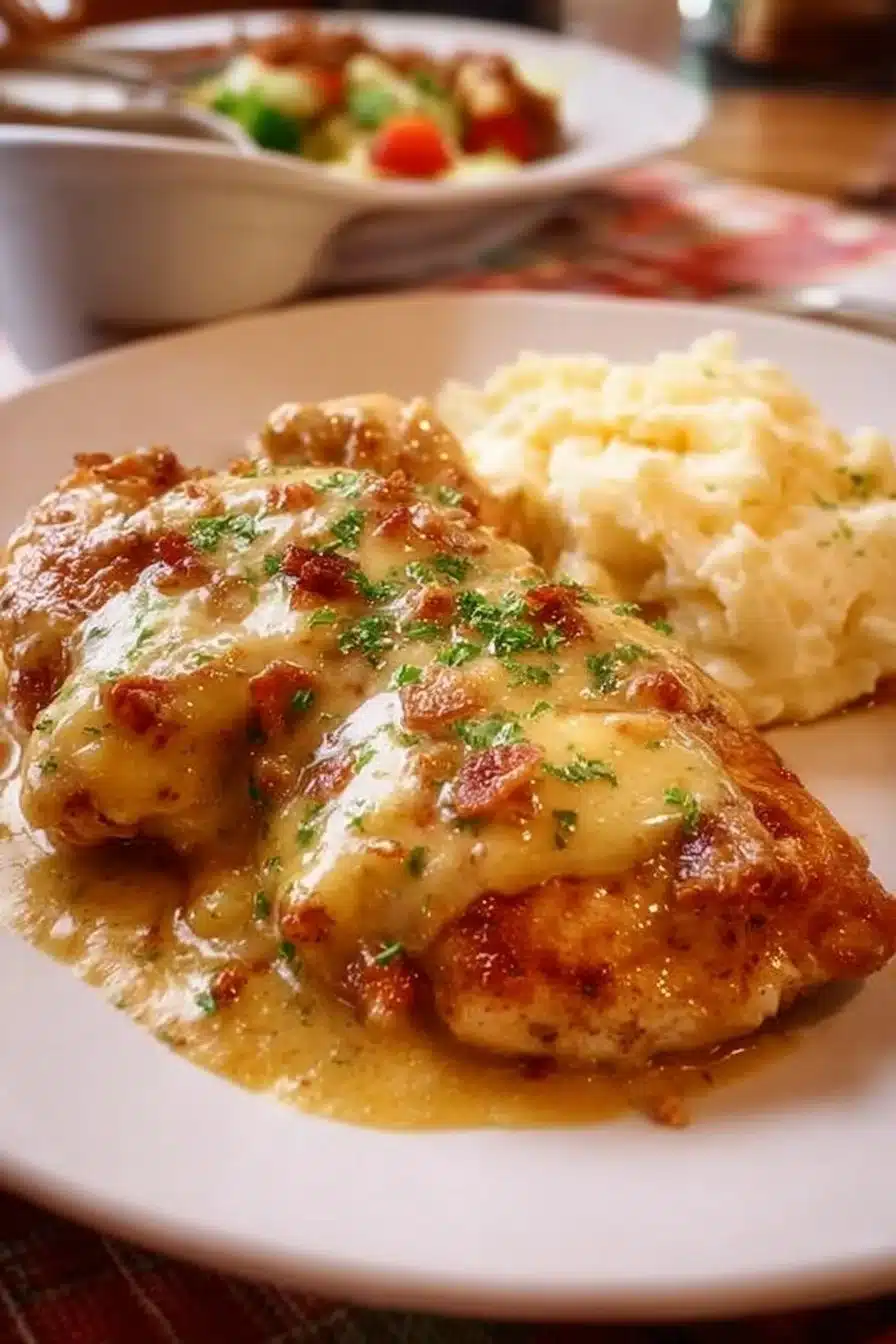 Delicious smothered chicken topped with melted Jack cheese on a plate