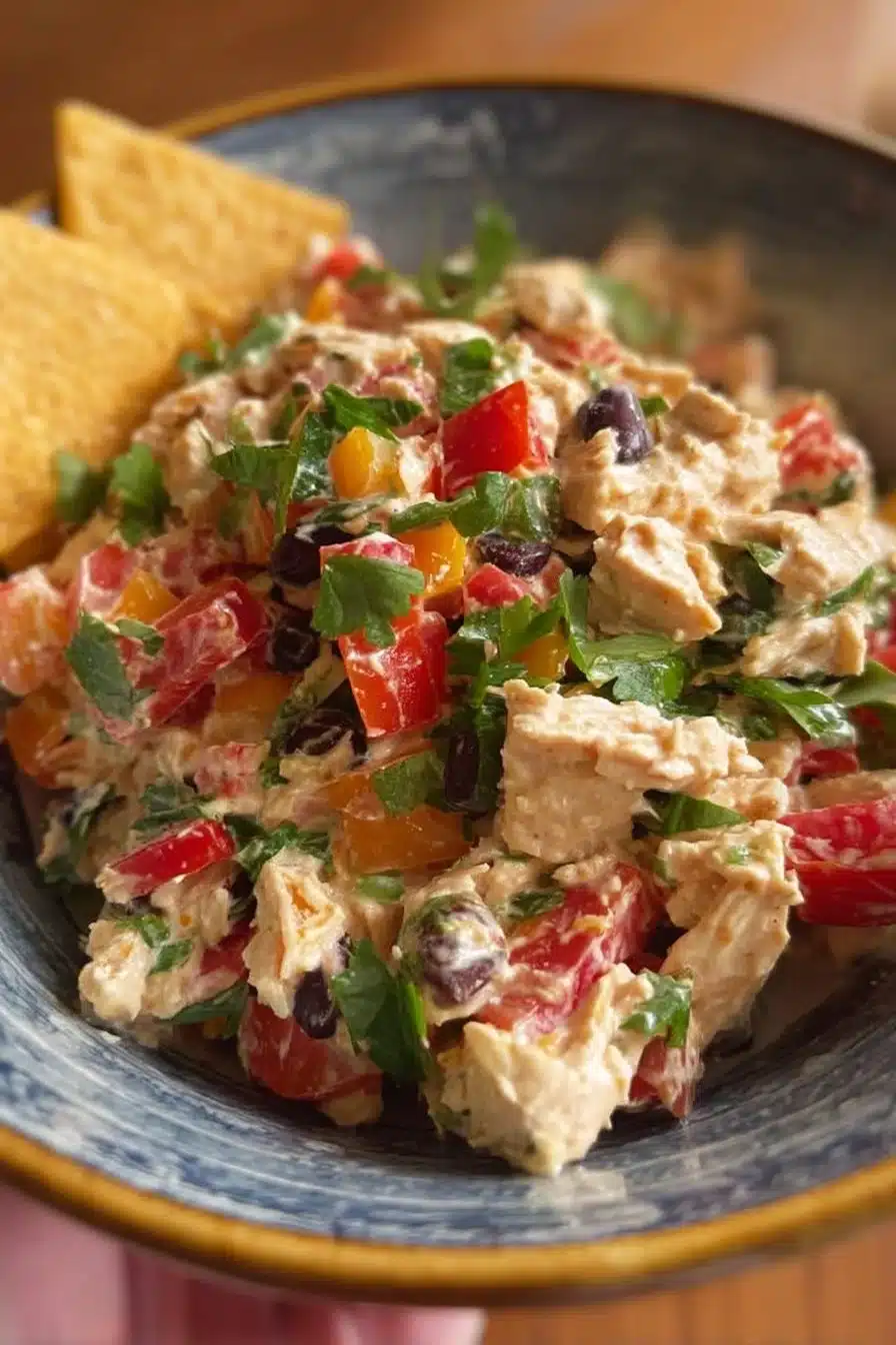 Bowl of Southwestern Chicken Salad with colorful vegetables and grilled chicken