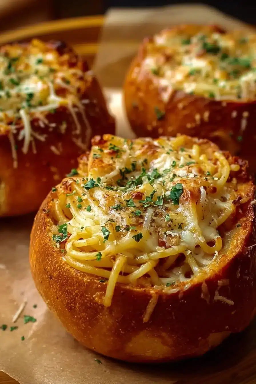 Spaghetti served in garlic bread bowls, a delicious and unique dish.