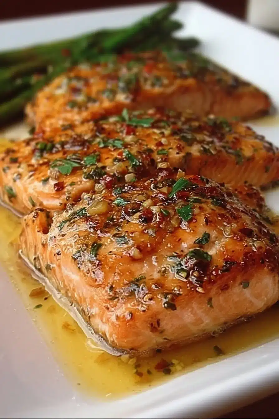 Steakhouse-style baked salmon garnished with herbs and lemon wedges
