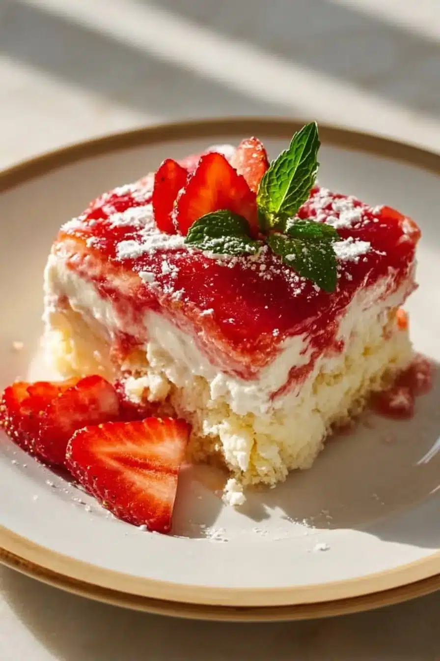 Delicious strawberry cheesecake dump cake topped with fresh strawberries