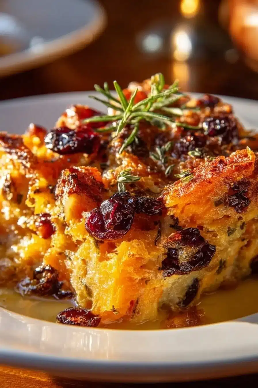 Sweet potato and cranberry gratin served in a dish, garnished with herbs.