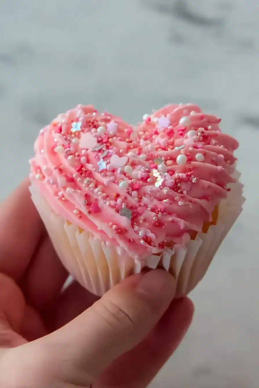 A variety of decorated Valentine's Day cupcakes with hearts and romantic designs