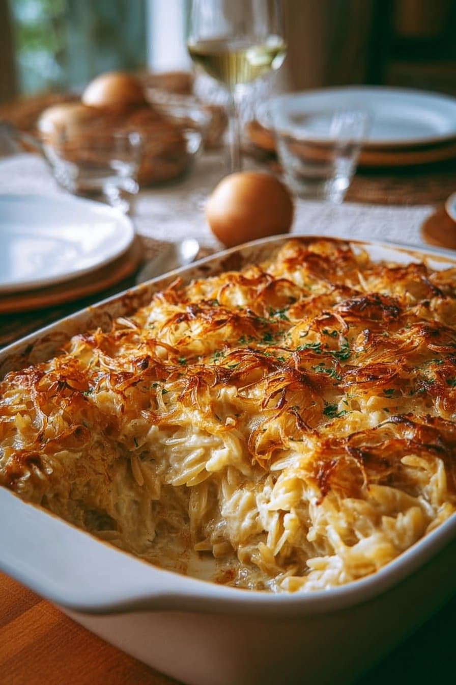 French Onion Chicken Orzo Casserole