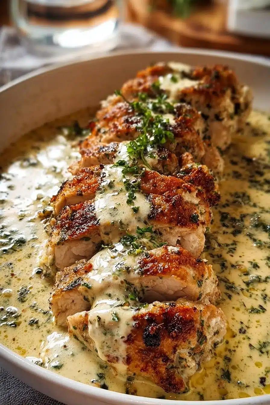 Plate of Baked Caesar Chicken topped with creamy Parmesan sauce