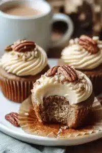 Banana cinnamon pecan cupcakes displayed on a plate.