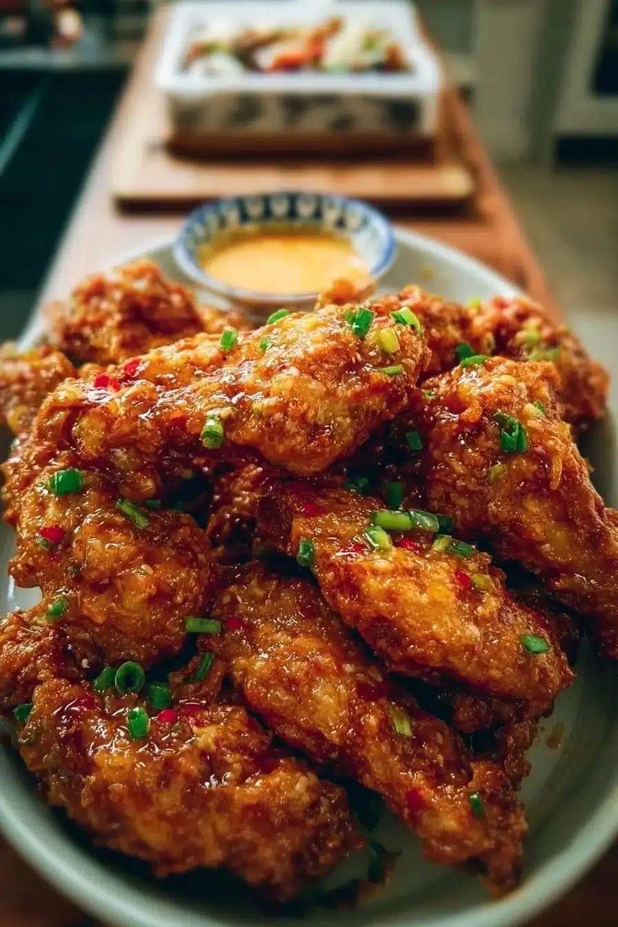 Plate of Bang Bang Chicken served with a spicy sauce and garnished, delicious and flavorful.