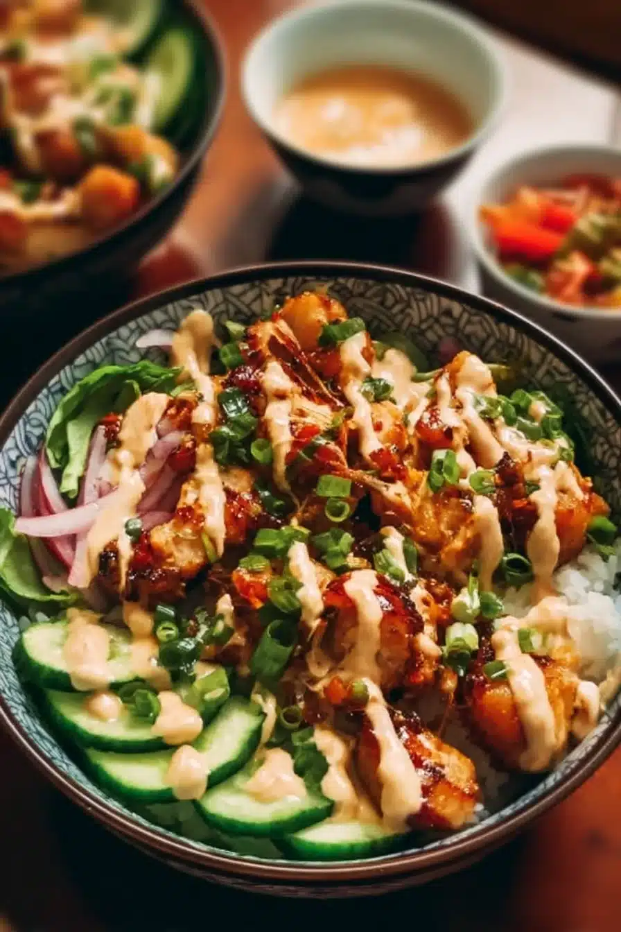 Delicious Bang Bang Chicken Bowl with vibrant ingredients and creamy sauce