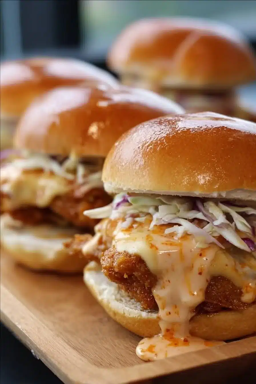 Bang Bang Chicken Sliders served with spicy sauce and fresh toppings