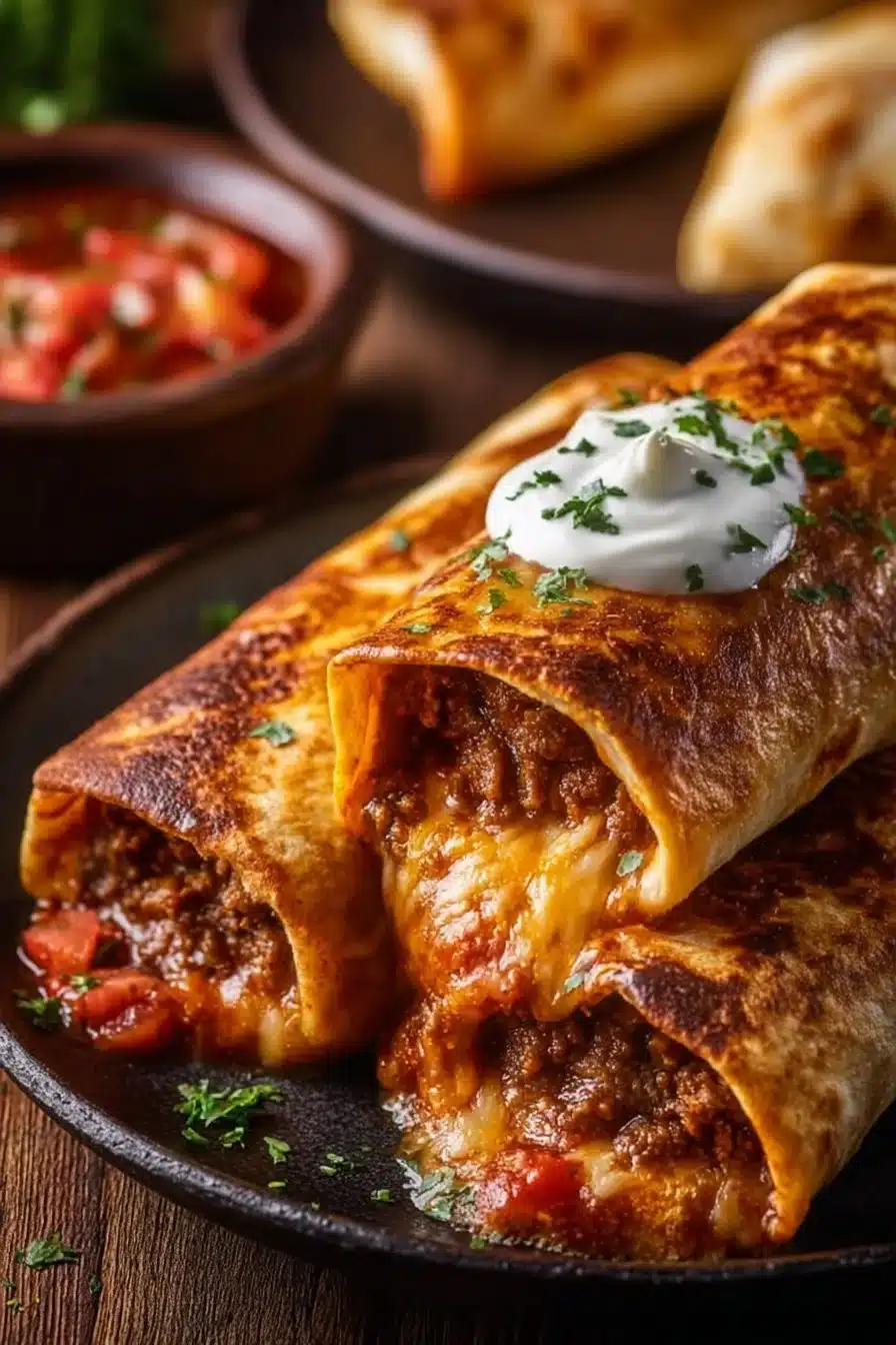 Delicious beef and cheese chimichangas served on a plate