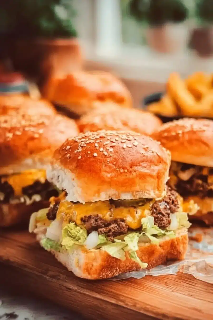 Delicious Big Mac sliders served on a platter with toppings