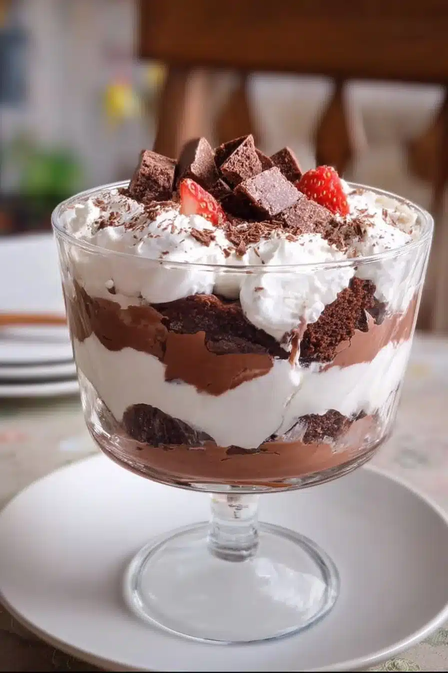 Delicious Brownie Trifle layered with brownies, cream, and chocolate sauce