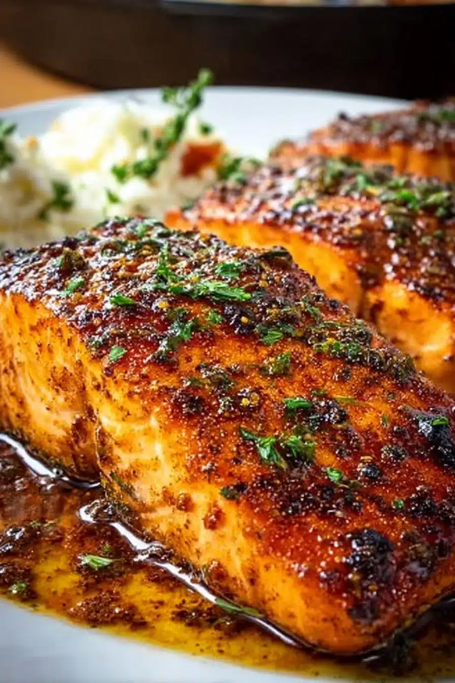 Cajun Honey Butter Salmon served on a plate with garnishes