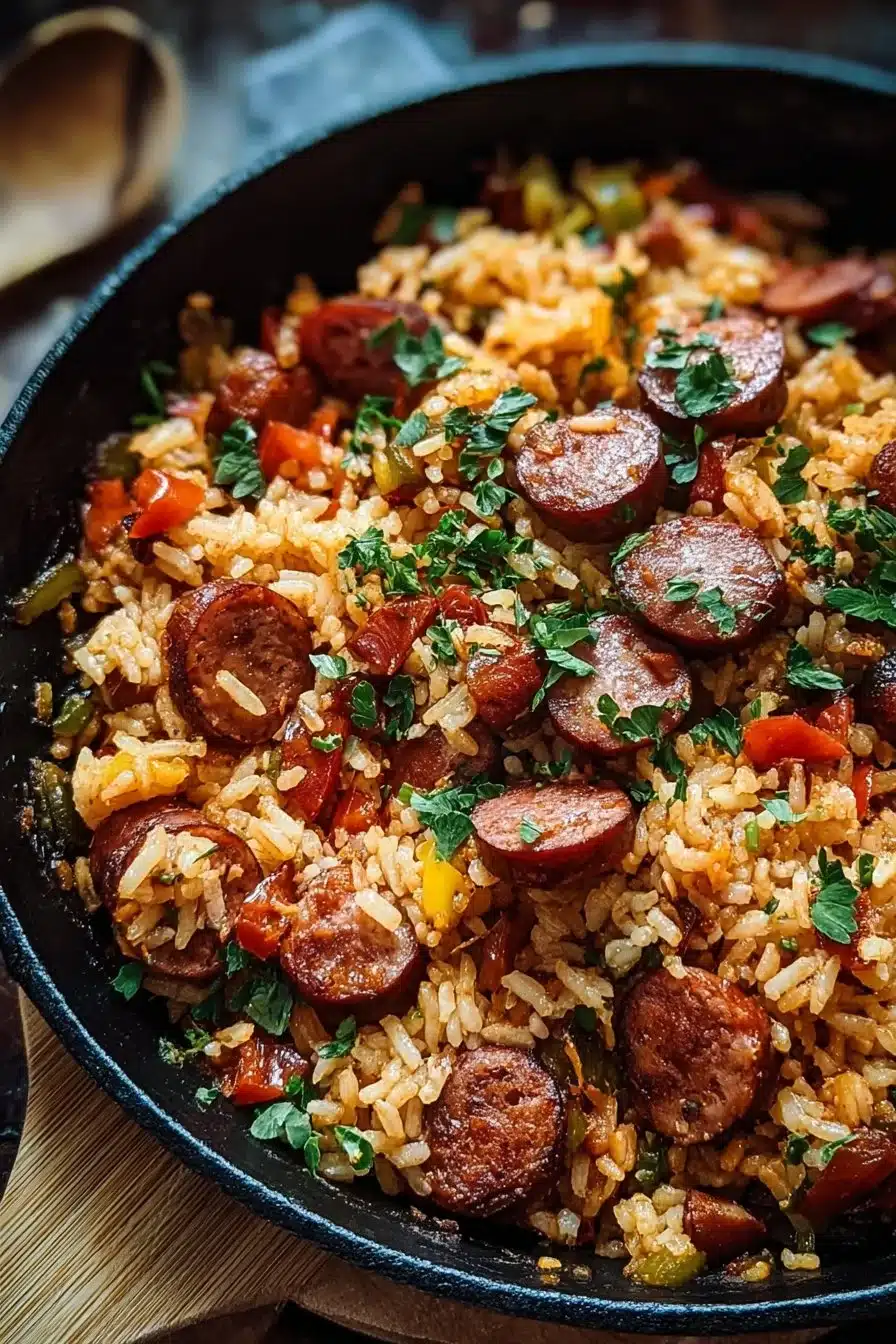 Cajun Sausage Rice Skillet loaded with spices and sausage