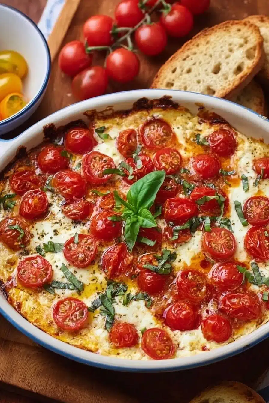 Delicious Caprese Dip with mozzarella, tomatoes, and basil in a serving bowl