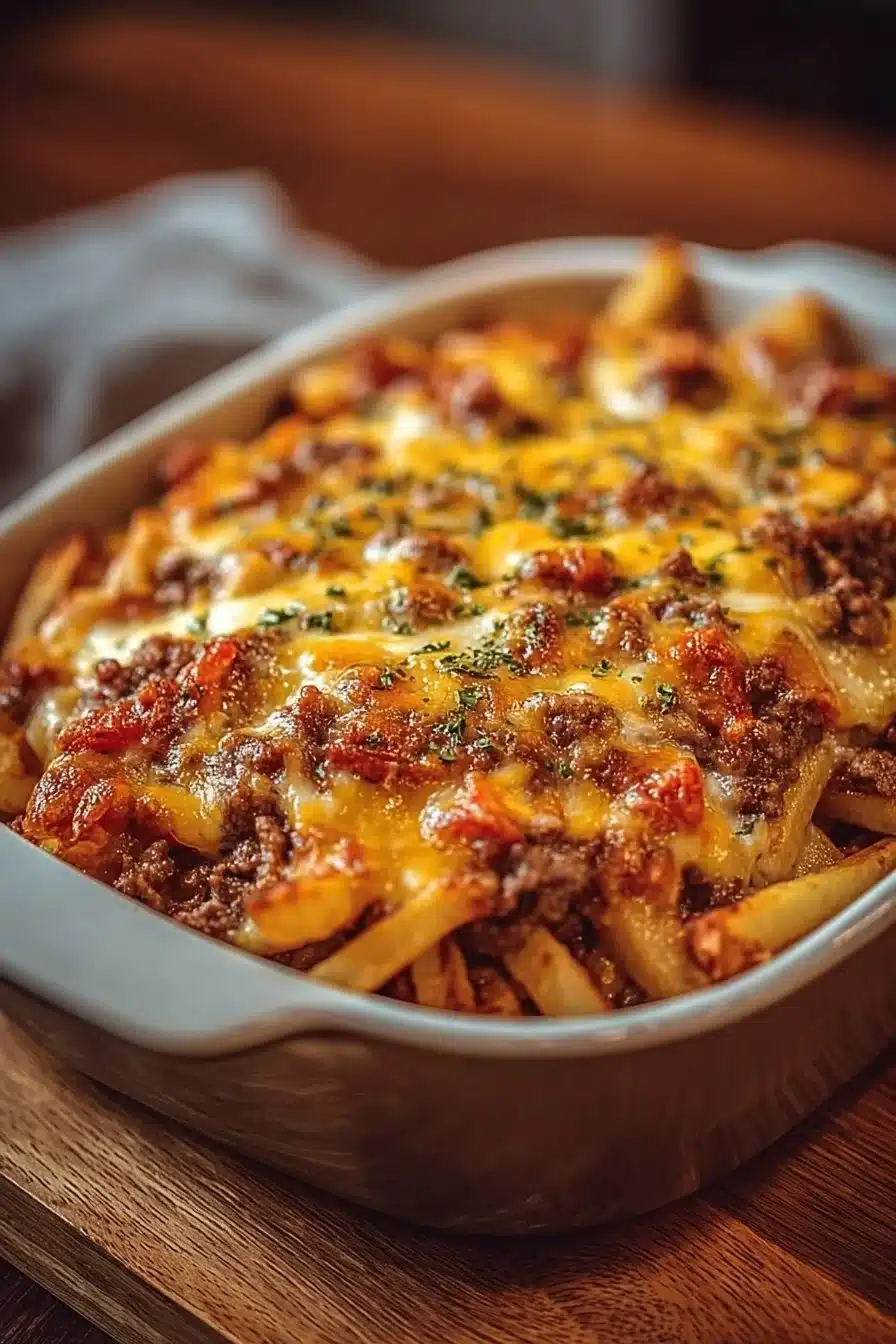 Cheeseburger Casserole with French fries and melted cheese