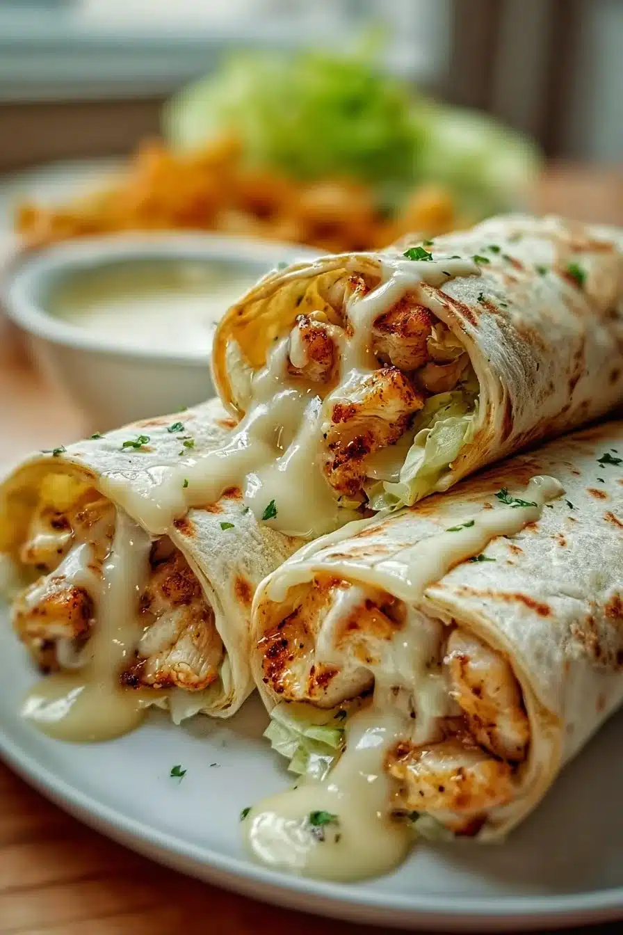 Delicious cheesy garlic chicken wraps on a plate ready to be served